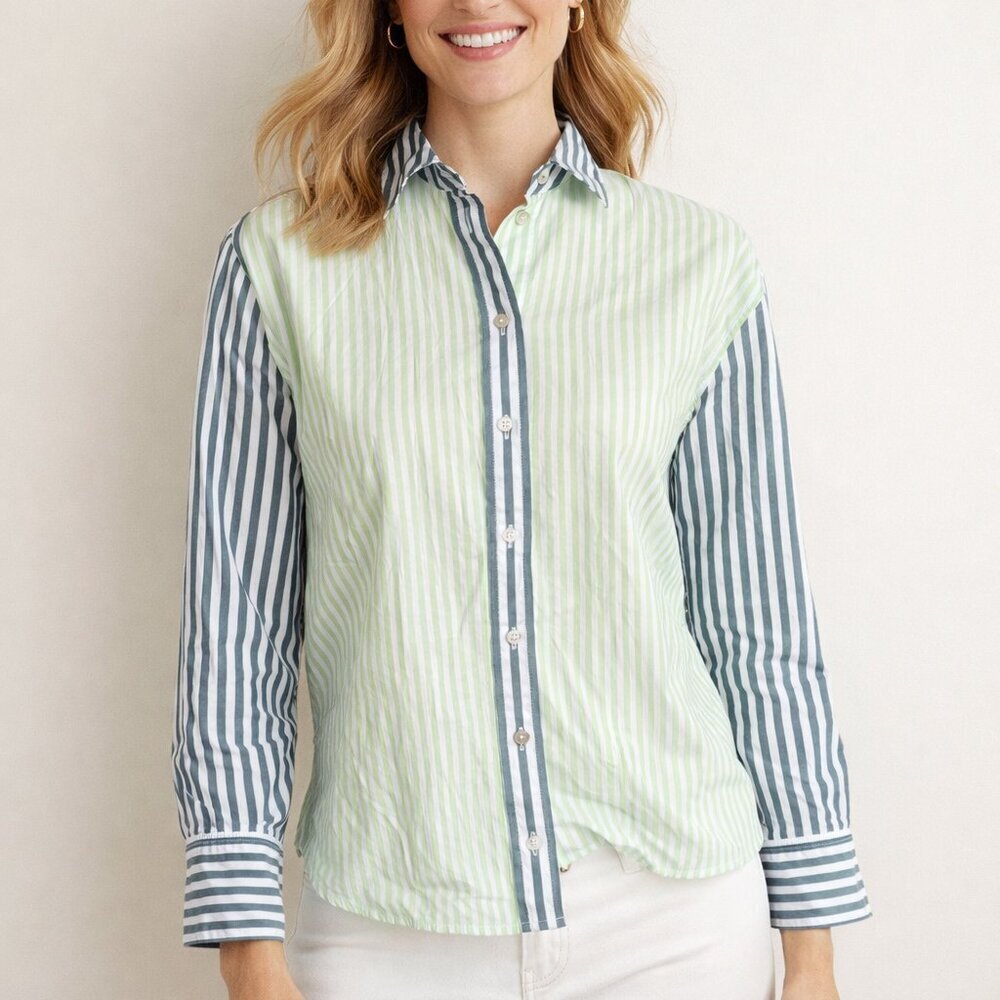 Talbots Poplin Short Shirt - Blooming Stripe Green Size Small Petite 100% cotton